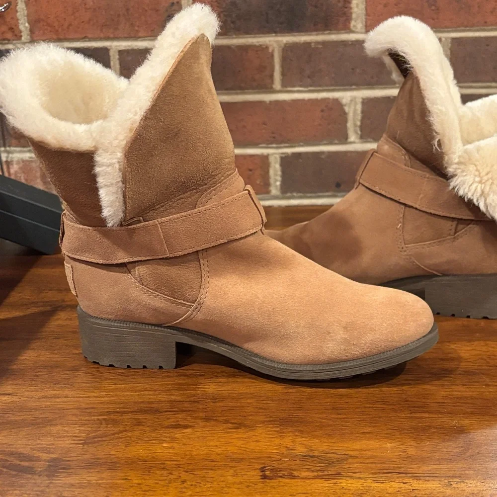 UGG Chestnut Suede Fur-Lined Ankle Boots with Buckle - Picture 7 of 16